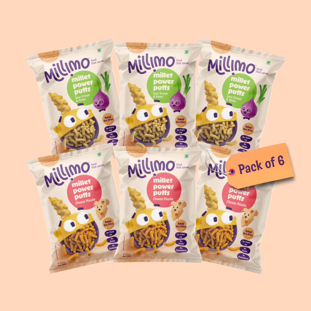 Millet Power Puff Cheese Masala x 3, Sour Cream & Onion x 3 (Pack of 6)