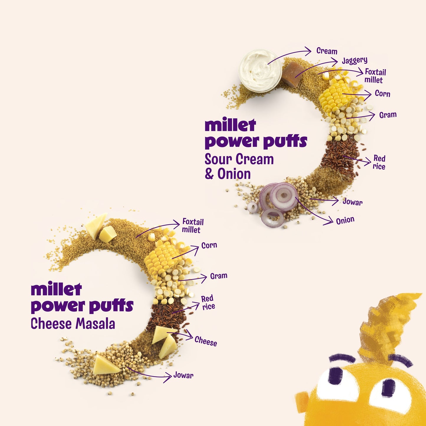 Millet Power Puff Cheese Masala x 3, Sour Cream & Onion x 3 (Pack of 6)