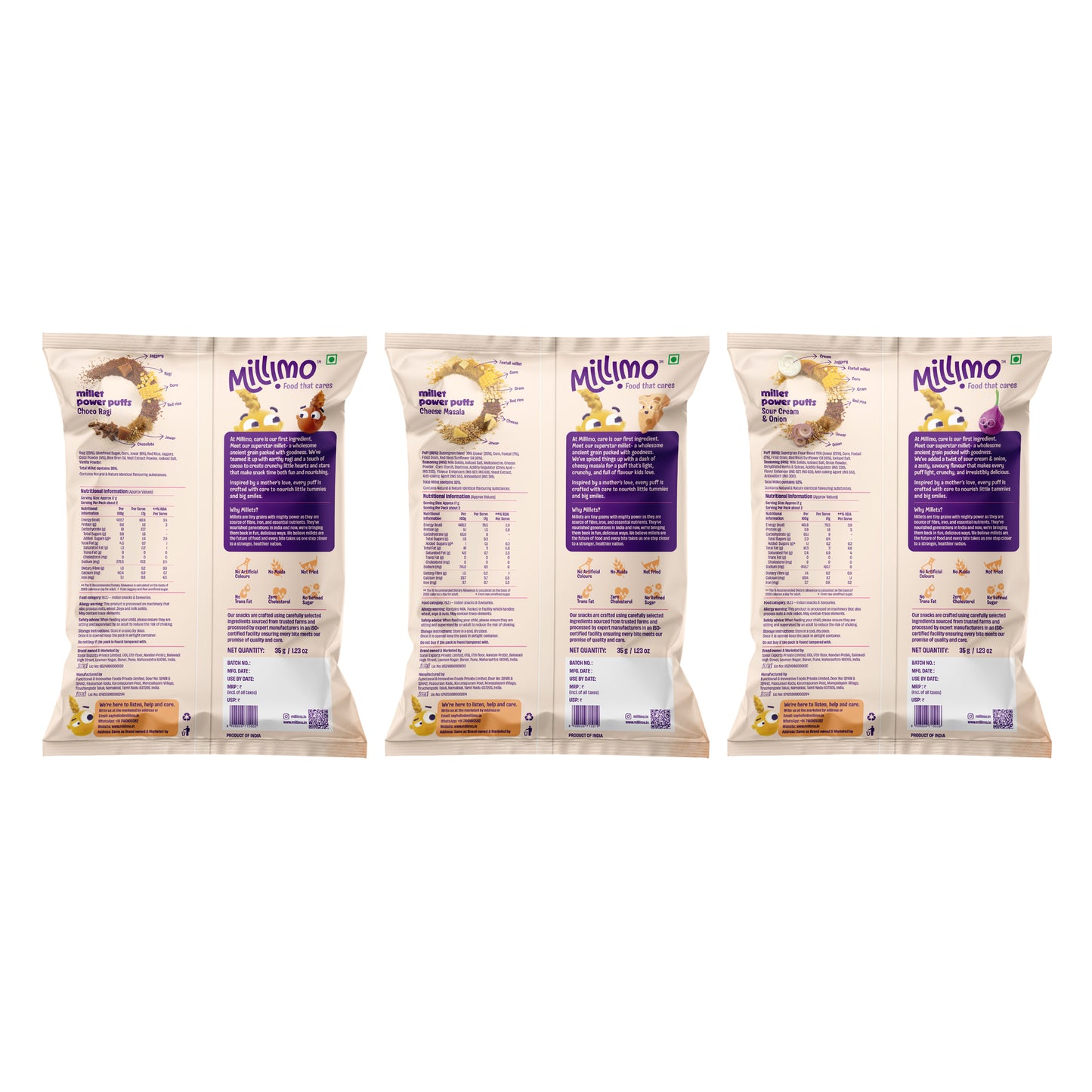 Millet Power Puff Choco Ragi x 2, Cheese Masala x 2, Sour Cream & Onion x 2 (Pack of 6)