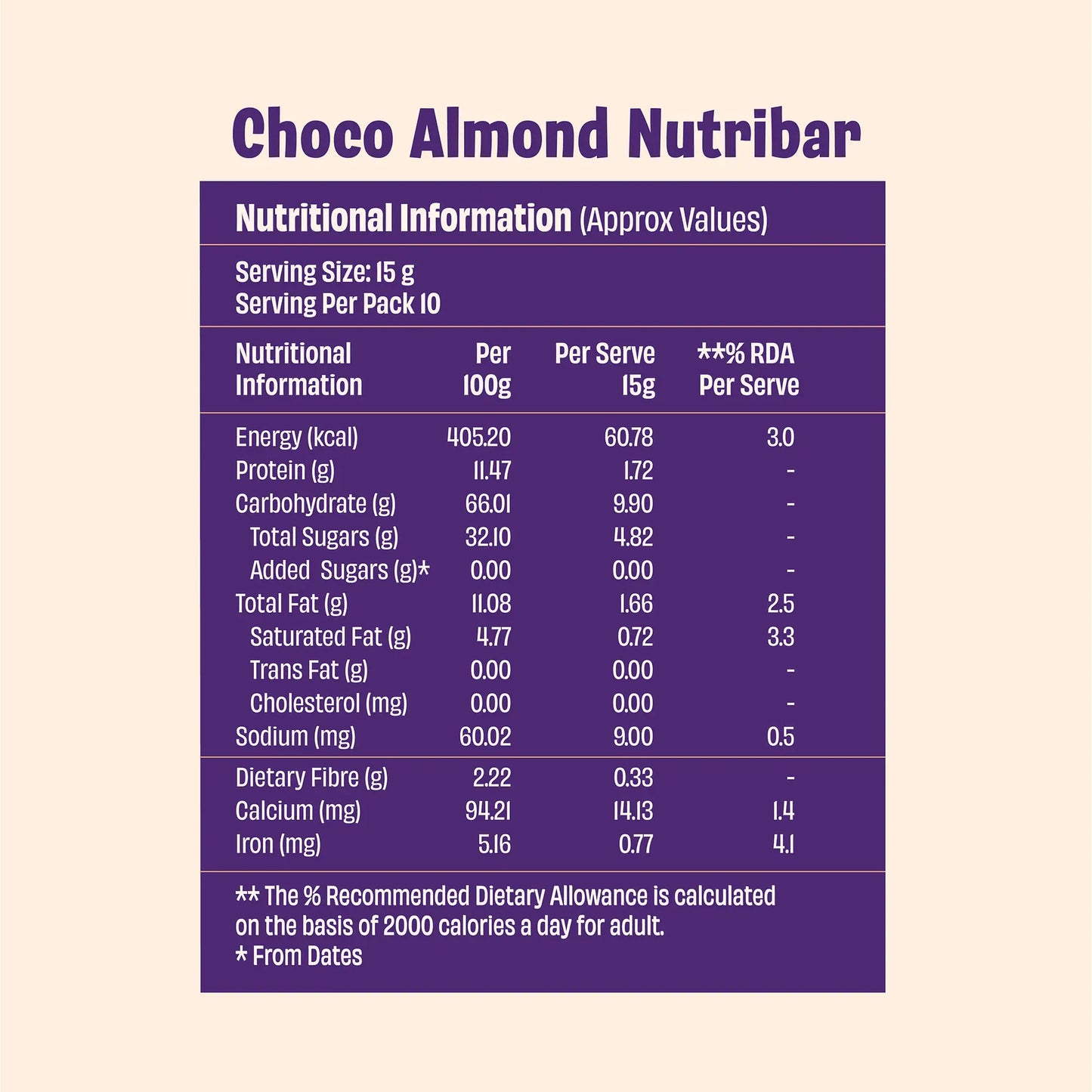 Choco Almond Nutribar (Pack of 10 × 15g)