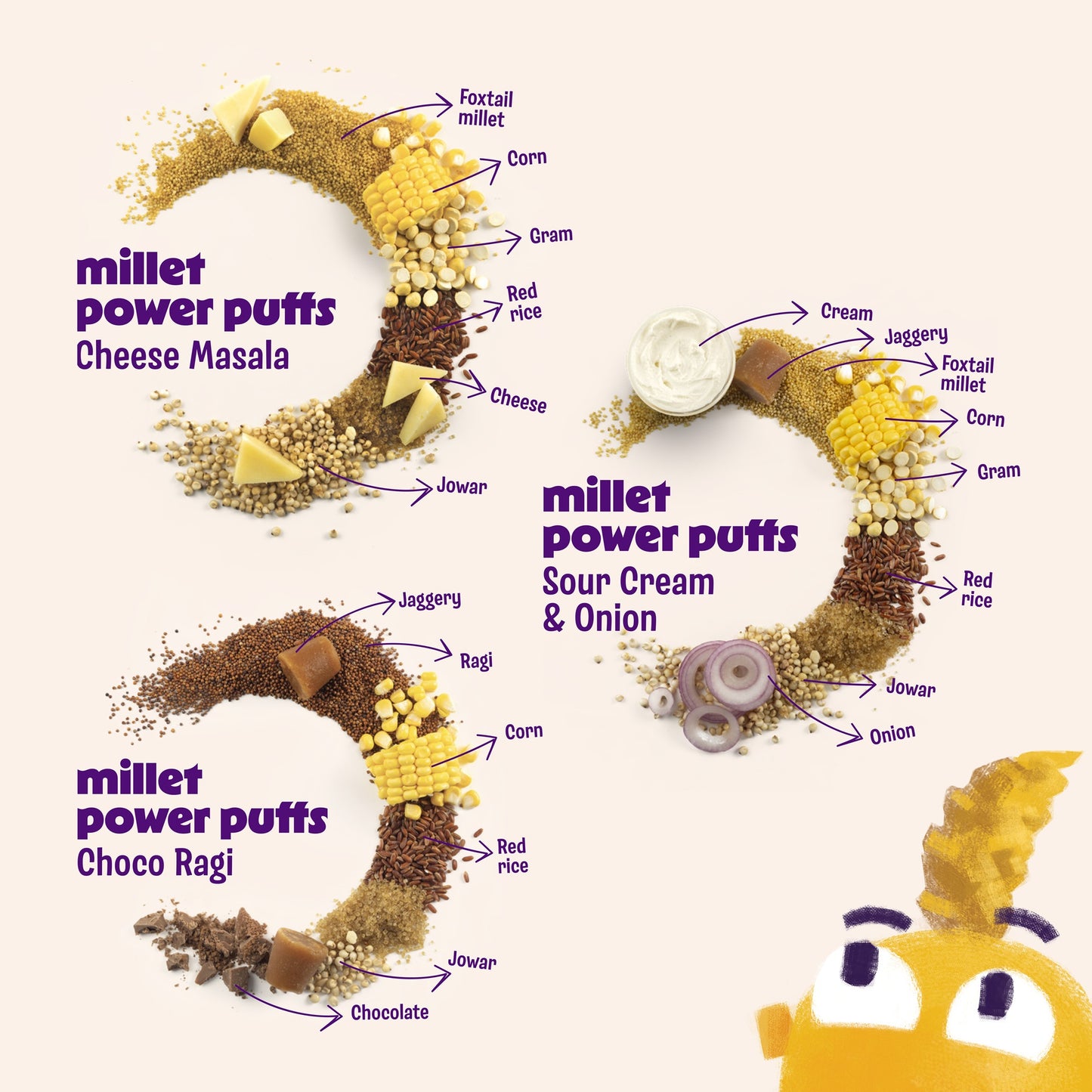 Millet Power Puff Choco Ragi x 2, Cheese Masala x 2, Sour Cream & Onion x 2 (Pack of 6)