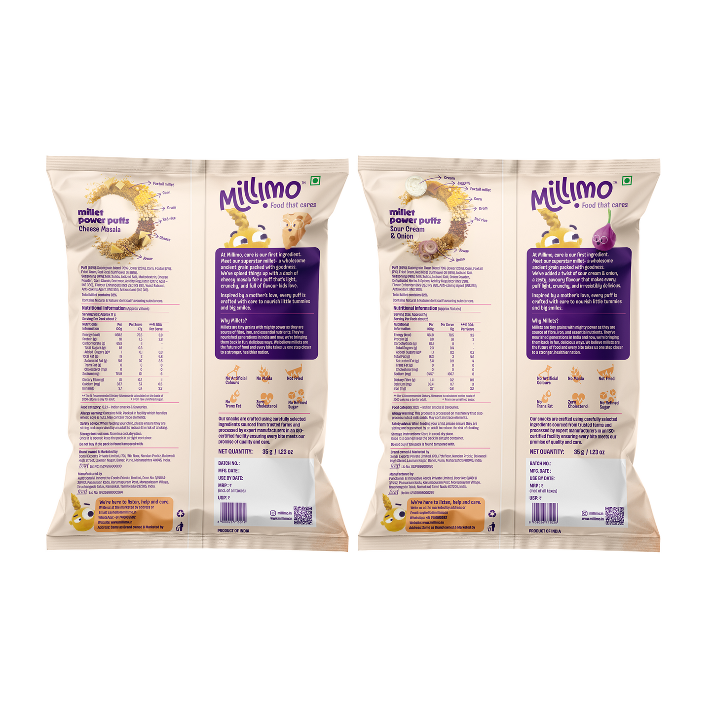 Millet Power Puff Cheese Masala x 3, Sour Cream & Onion x 3 (Pack of 6)