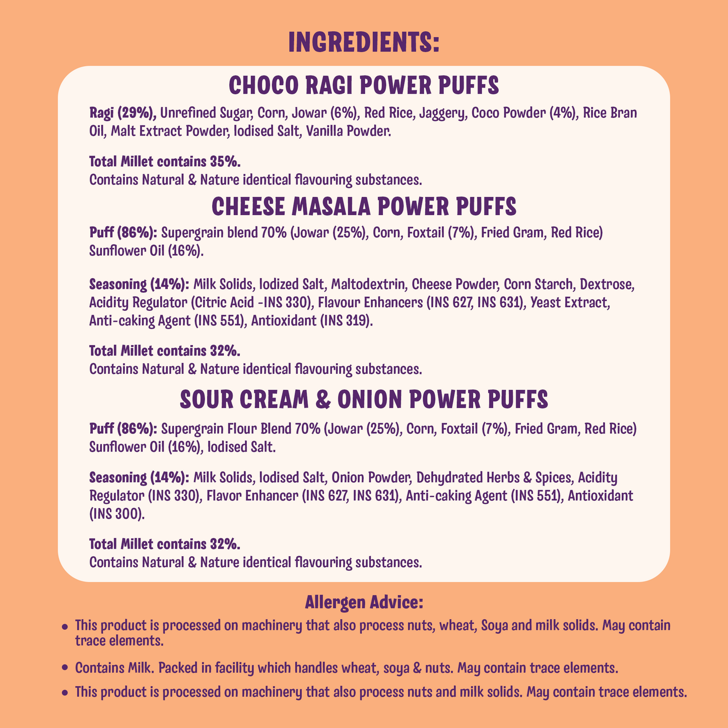 Millet Power Puff Choco Ragi x 2, Cheese Masala x 2, Sour Cream & Onion x 2 (Pack of 6)