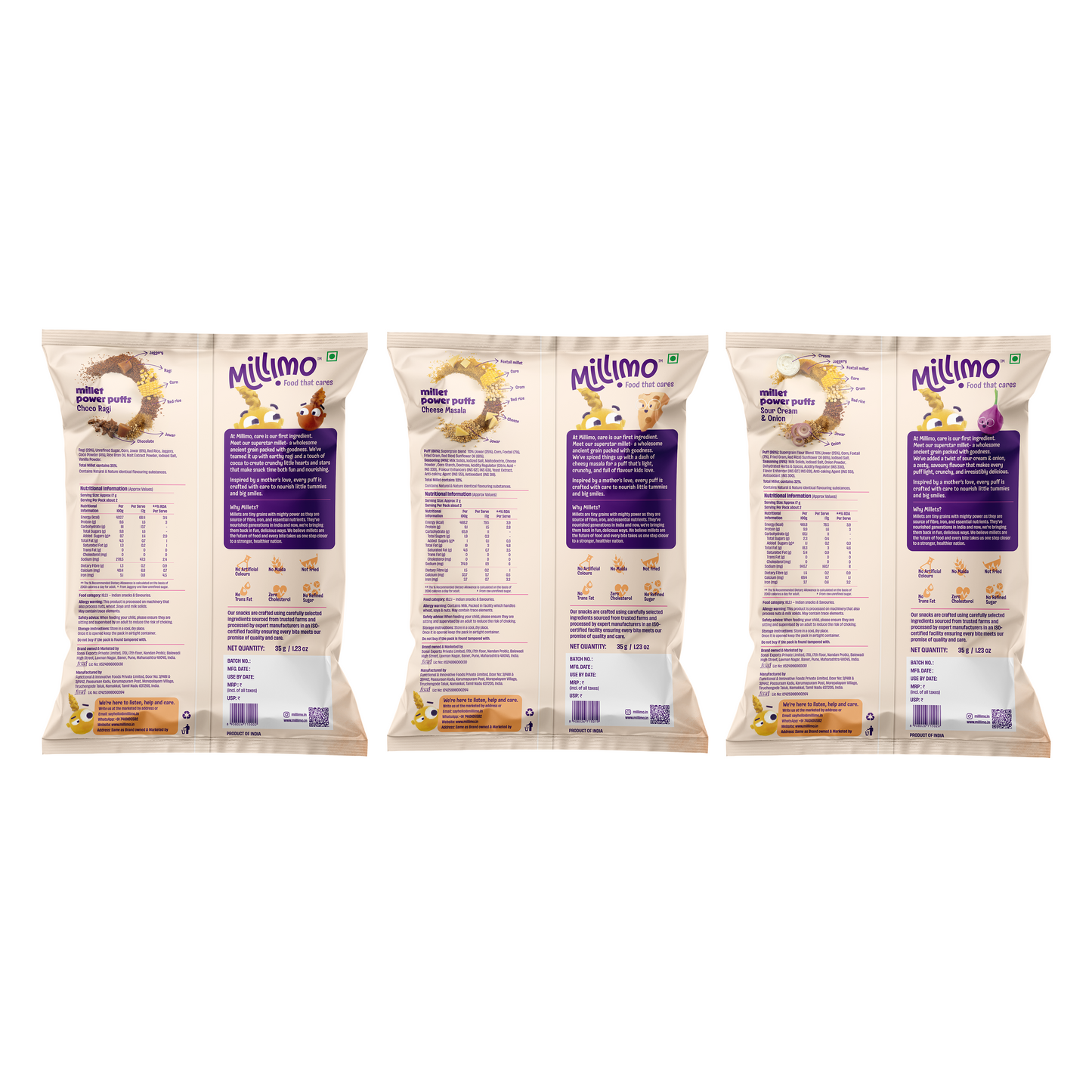 Millet Power Puff Choco Ragi x 2, Cheese Masala x 2, Sour Cream & Onion x 2 (Pack of 6)