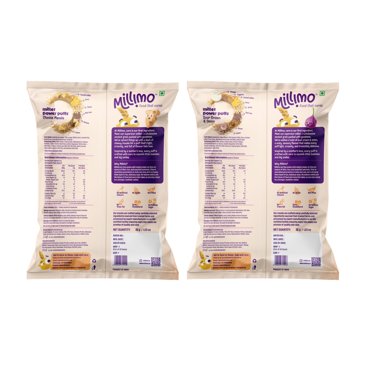 Millet Power Puff Cheese Masala x 3, Sour Cream & Onion x 3 (Pack of 6)