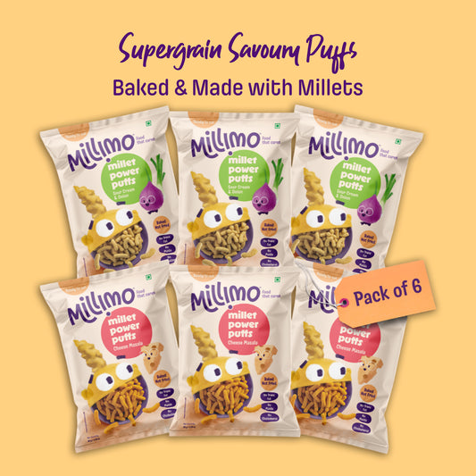 Millet Power Puff Cheese Masala x 3, Sour Cream & Onion x 3 (Pack of 6)
