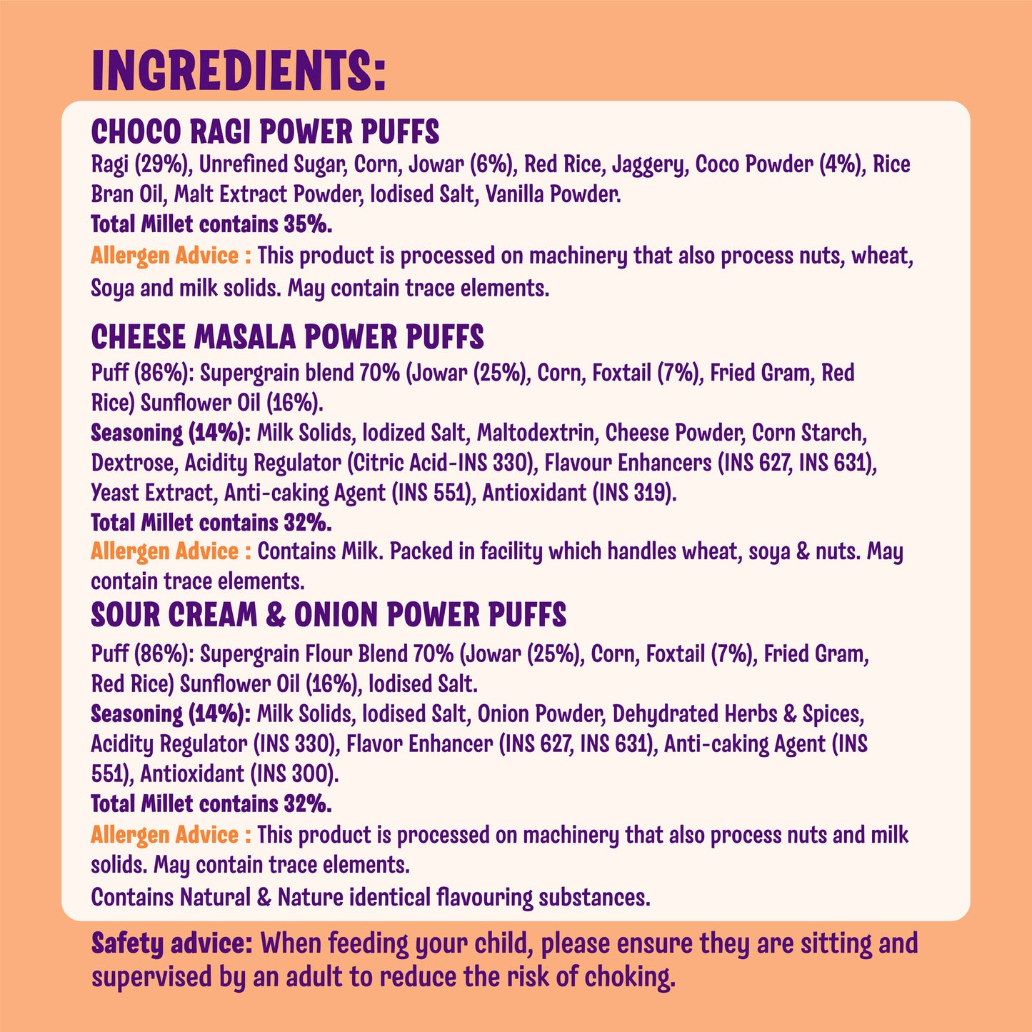 Millet Power Puff Choco Ragi x 2, Cheese Masala x 2, Sour Cream & Onion x 2 (Pack of 6)